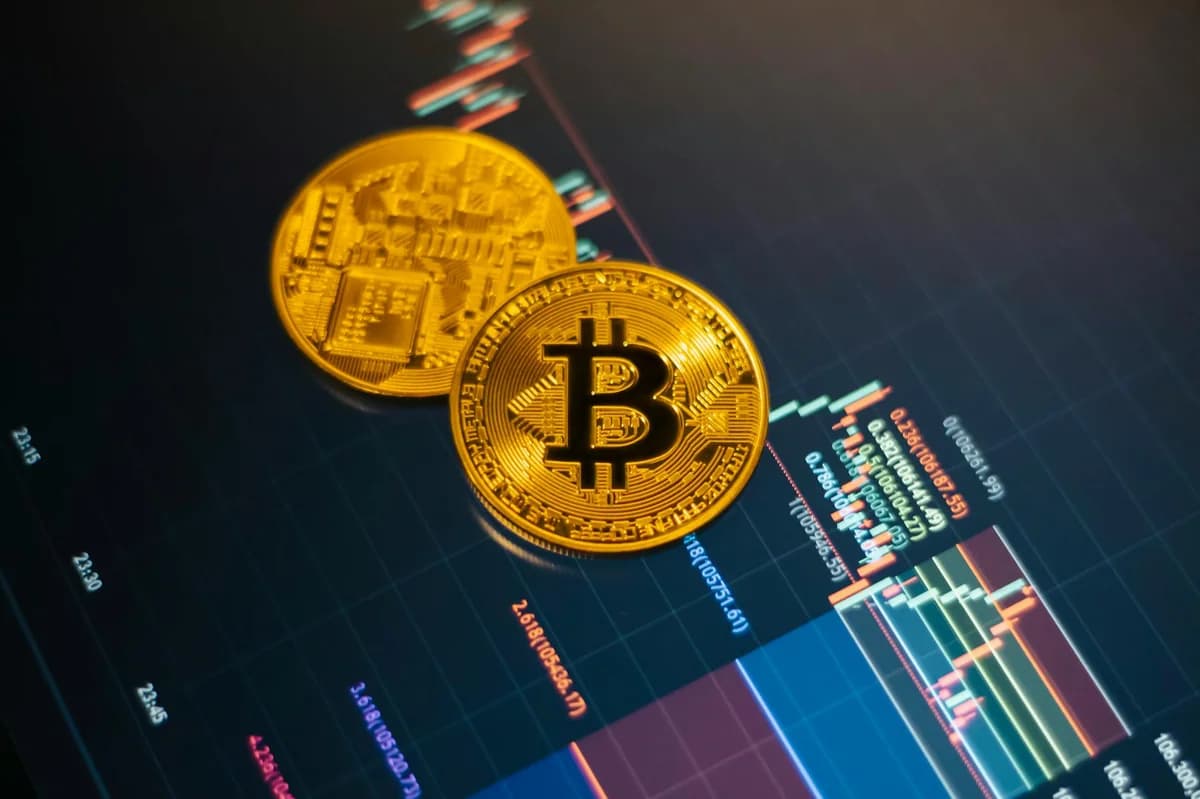 Bitcoin Stock-to-Flow Model: A Beginner's Guide Golden Bitcoin coins on a digital stock market chart showcasing cryptocurrency trading.