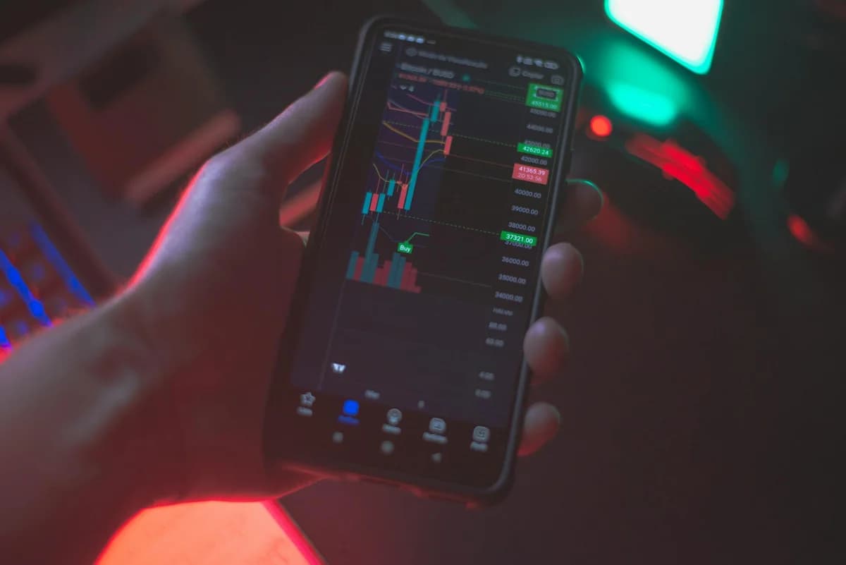 Bull Market vs Bear Market in Crypto Explained Hand holding smartphone displaying cryptocurrency trading app with financial data.